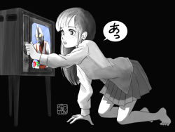 Rule 34 | 1girl, barefoot, black background, chutohampa, glowing, greyscale, long hair, long sleeves, monochrome, open mouth, original, pleated skirt, simple background, skirt, solo, speech bubble, spot color, television, ultra series, ultraman, ultraman (1st series)