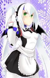 Rule 34 | 10s, 1girl, absurdres, alternate costume, android, apron, enmaided, frilled apron, frills, gradient background, green eyes, gunslinger stratos, hair between eyes, highres, long hair, maid, maid apron, polka dot, polka dot background, sash, solo, star-shaped pupils, star (symbol), symbol-shaped pupils, toppema mapetto, twintails, very long hair, white hair, xi-988