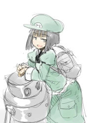 Rule 34 | 1girl, :d, arm support, ascot, backpack, bag, black hair, blunt bangs, blush, dark haired kappa, extra, green jacket, green skirt, grey eyes, hat, jacket, kappa, kappa mob (touhou), leaning forward, letter, long sleeves, looking at viewer, machine, open mouth, puffy long sleeves, puffy sleeves, roadksa, robot, short hair, simple background, skirt, smile, solo, touhou, white background