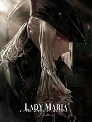 Rule 34 | 1girl, albino (a1b1n0623), ascot, black coat, black hat, bloodborne, candle, coat, grey eyes, hat, hat feather, highres, lady maria of the astral clocktower, light particles, light smile, long hair, ponytail, profile, sidelocks, solo, tricorne, upper body, white hair