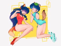 Rule 34 | 2girls, animal ears, ass, blue hair, breasts, chinese clothes, cleavage, fox tail, highres, long hair, medium breasts, multiple girls, open mouth, pink eyes, punch121ykk, ranma 1/2, shampoo (ranma 1/2), shoes, short hair, tail, tendou akane, whiskers