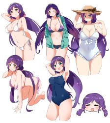 Rule 34 | 1girl, all fours, arm up, armpits, arms behind head, bare legs, barefoot, bikini, black ribbon, breasts, cleavage, competition school swimsuit, cropped legs, green eyes, halterneck, halterneck, hat, hat ribbon, highres, jacket, kurokawa makoto, large breasts, long hair, love live!, love live! school idol project, multiple views, navel, one-piece swimsuit, one eye closed, open clothes, open jacket, purple bikini, purple hair, ribbon, school swimsuit, side-tie bikini bottom, simple background, smile, stomach, straw hat, swimsuit, thigh gap, tojo nozomi, twintails, very long hair, white background, white bikini, white one-piece swimsuit