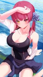 Rule 34 | 1girl, absurdres, arm up, bizusuhatu123, black one-piece swimsuit, black skirt, blue ribbon, blush, breasts, cleavage, closed mouth, collarbone, commentary request, facing viewer, hair ribbon, heterochromia, highres, hololive, houshou marine, large breasts, looking down, ocean, one-piece swimsuit, pleated skirt, red eyes, red hair, ribbon, shirt, shirt partially removed, sitting, skirt, sleeves rolled up, solo, swimsuit, swimsuit under clothes, twintails, virtual youtuber, white shirt, yellow eyes