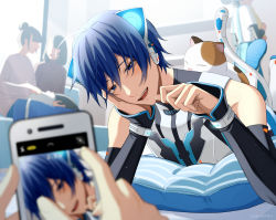 Rule 34 | 1boy, animal ears, blue eyes, blue hair, cat day, cat ears, cat tail, holding, holding phone, kaito (vocaloid), male focus, neko cyber, nokuhashi, phone, pillow, project diva (series), sleeveless, smile, solo focus, tail, taking picture, vocaloid