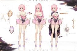 Rule 34 | 1girl, armlet, ballerina, black cape, black leotard, blue eyes, breasts, cape, character name, character sheet, collarbone, color guide, dayshiart, dress, flower, high heels, highres, indie virtual youtuber, leg ribbon, leotard, long hair, medium breasts, olivia monroe, open mouth, peony (flower), pink dress, pink hair, ponytail, purple footwear, purple ribbon, reflective floor, ribbon, second-party source, see-through, see-through skirt, skirt, virtual youtuber