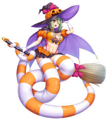 Rule 34 | 1girl, aishuu hebiko, blush, breasts, curvy, female focus, full body, gloves, green hair, halloween, hat, highres, kagami hirotaka, large breasts, lilith-soft, long hair, looking at viewer, monster girl, ninja, open mouth, pumpkin, shiny clothes, skirt, solo, standing, sword, taimanin (series), taimanin asagi, taimanin rpgx, tentacles, weapon, witch, yellow eyes