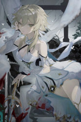 Rule 34 | 1girl, blonde hair, blood, boots, breasts, broken glass, cleavage, closed mouth, couch, curtains, cushion, detached sleeves, dress, flower, genshin impact, glass, hair between eyes, hair flower, hair ornament, heart, highres, holding, holding sword, holding weapon, looking at viewer, lumine (genshin impact), medium breasts, resan256, short hair with long locks, sitting, solo, sword, thigh boots, weapon, white dress, white flower, white footwear, window, yellow eyes