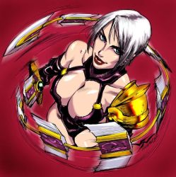 Rule 34 | 1girl, armor, blue eyes, breasts, cleavage, female focus, gloves, gradient background, isabella valentine, large breasts, lips, lipstick, makeup, red lips, revealing clothes, short hair, solo, soul calibur, soulcalibur, soulcalibur ii, sword, weapon, white hair