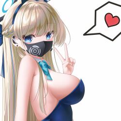 Rule 34 | 1girl, absurdres, animal ears, aqua bow, black mask, blonde hair, blue archive, blue eyes, blue hair, blue hairband, blue leotard, blunt bangs, bow, bowtie, breasts, detached collar, earpiece, earrings, fake animal ears, hairband, heart, highres, jewelry, large breasts, leotard, long hair, looking at viewer, mask, meme, mouth mask, multicolored hair, official alternate costume, playboy bunny, rabbit ears, shira jun01, spoken heart, strapless, strapless leotard, streaked hair, toki (blue archive), toki (bunny) (blue archive), twitter rabbit ears (meme), v