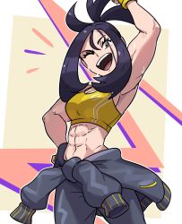 Rule 34 | 1girl, abs, absurdres, black hair, black jacket, breasts, creatures (company), cross scar, dendra (pokemon), game freak, gloves, highres, jacket, juno son, medium breasts, muscular, muscular female, nintendo, one eye closed, open mouth, pants, pokemon, pokemon sv, ponytail, scar, scar on face, scar on forehead, smile, solo, sweat, track jacket, unworn jacket, yellow eyes, yellow gloves