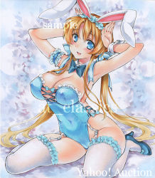 Rule 34 | 1girl, animal ears, arm scrunchie, armpits, arms up, artist name, at classics, blonde hair, blue bow, blue bowtie, blue eyes, blush, bow, bowtie, breasts, covered erect nipples, covered navel, detached collar, fake animal ears, fang, frills, full body, garter straps, hairband, high heels, large breasts, leotard, long hair, looking at viewer, open mouth, original, playboy bunny, rabbit ears, rabbit pose, sample watermark, sitting, smile, solo, thighhighs, traditional media, very long hair, watermark, white thighhighs, wrist cuffs
