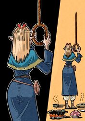 Rule 34 | 1girl, absurdres, ass, blonde hair, blue capelet, blue robe, braid, capelet, cooking, cooking pot, dungeon meshi, elf, hair ribbon, hansoom (latebirdwakeup), highres, holding, holding rope, imminent suicide, knife, marcille donato, medium hair, mushroom, noose, pointy ears, red ribbon, ribbon, robe, rope, solo, standing