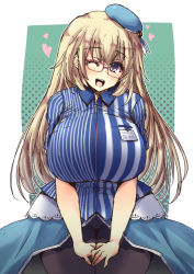 Rule 34 | 10s, 1girl, atago (kancolle), beret, bespectacled, black pantyhose, blonde hair, blue eyes, blue hat, blush, breasts, collared shirt, cowboy shot, dress shirt, employee uniform, glasses, green background, hat, head tilt, heart, huge breasts, kantai collection, lawson, long hair, looking at viewer, own hands together, pantyhose, red-framed eyewear, shinshin, shirt, short sleeves, simple background, sitting, solo, striped clothes, striped shirt, uniform, v arms, vertical-striped clothes, vertical-striped shirt, very long hair
