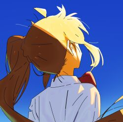 Rule 34 | 1girl, ahoge, backlighting, blonde hair, blue sky, bocchi the rock!, bow, bowtie, collared shirt, day, floating hair, from behind, highres, ijichi nijika, kerorira, long hair, long sleeves, looking away, looking up, messy hair, nape, portrait, red bow, red bowtie, shade, shirt, side ponytail, sidelocks, sky, solo, sunlight, white shirt