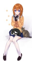 Rule 34 | 1girl, animal, animal on lap, black footwear, blue eyes, blue skirt, blush, book, brown cardigan, brown hair, buttons, cardigan, cat, closed mouth, commission, full body, hands up, highres, holding, holding book, invisible chair, loafers, long hair, long sleeves, looking at viewer, miniskirt, on lap, open book, original, paw print, paw print background, rimo, sailor collar, school uniform, shadow, shoe dangle, shoes, simple background, sitting, skeb commission, skirt, sleeves past wrists, solo, thighhighs, white background, white sailor collar, white thighhighs, zettai ryouiki