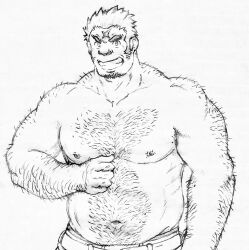 Rule 34 | 1boy, bara, belly, blush, chest hair, cross scar, drakerowan, facial hair, goatee stubble, graphite (medium), greyscale, grin, hairy, highres, houzouin oniwaka, large pectorals, long sideburns, looking at viewer, male focus, mature male, monochrome, muscular, muscular male, navel, navel hair, nipples, pectorals, scar, scar on face, scar on forehead, short hair, sideburns, smile, solo, sparse chest hair, stomach, strongman waist, stubble, thick arm hair, thick eyebrows, thick navel hair, tokyo houkago summoners, topless male, traditional media, upper body, very hairy