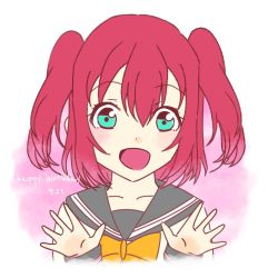 Rule 34 | 1girl, aqua eyes, artist name, artist request, blush, bow, bowtie, breasts, collarbone, female focus, green eyes, hair between eyes, hand wave, highres, kurosawa ruby, long sleeves, looking at viewer, love live!, love live! sunshine!!, newnappa813, parted lips, red hair, sailor collar, school uniform, shirt, short hair, smile, solo, two side up, uranohoshi school uniform, white shirt, yellow bow, yellow bowtie