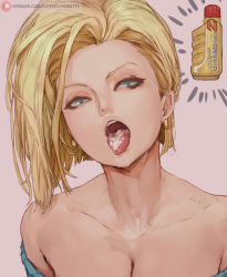 Rule 34 | 1girl, android 18, bare shoulders, blonde hair, blue eyes, breasts, cleavage, collarbone, cum, cum in mouth, cutesexyrobutts, dragon ball, earrings, gold earrings, highres, jewelry, long hair, looking at viewer, medium breasts, no bra, oil, pink background, sexually suggestive, simple background, solo, suggestive fluid, upper body, watermark, web address