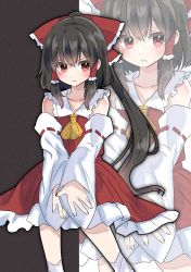 Rule 34 | 1girl, ascot, bare shoulders, bow, brown hair, collar, collarbone, detached sleeves, frilled bow, frilled hair tubes, frills, hair bow, hair tubes, hakurei reimu, long hair, looking away, nontraditional miko, ochazuke, ponytail, red bow, red eyes, red shirt, red skirt, ribbon-trimmed sleeves, ribbon trim, shirt, sidelocks, skirt, sleeveless, socks, solo, touhou, white collar, white socks, wide sleeves, yellow ascot