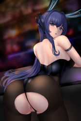Rule 34 | 1girl, absurdres, animal ears, arm strap, ass, azur lane, backless leotard, black leotard, black pantyhose, blurry, blurry background, breasts, censored, clothing aside, fake animal ears, from behind, highres, large breasts, leaning forward, leotard, leotard aside, long hair, looking back, mosaic censoring, n9at, new jersey (azur lane), new jersey (exhilarating steps!) (azur lane), official alternate costume, pantyhose, playboy bunny, purple eyes, purple hair, pussy, rabbit ears, solo, strapless, strapless leotard, torn clothes, torn pantyhose, very long hair