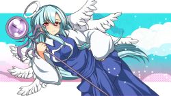 Rule 34 | 1girl, 495-flan, angel, angel wings, blue dress, blue hair, blush, breasts, closed mouth, cloud, commentary request, dress, eyes visible through hair, feathered wings, halo, hand on own hip, holding, holding wand, long dress, long hair, long sleeves, medium breasts, multiple wings, red eyes, sariel (touhou), sash, seraph, touhou, touhou (pc-98), very long hair, wand, white wings, wide sleeves, wings