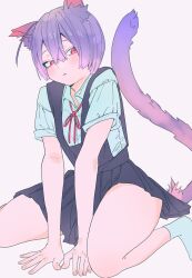 Rule 34 | 1girl, animal ears, black dress, blue shirt, blue socks, cat ears, cat girl, cat tail, commentary request, dress, grey background, highres, looking at viewer, neck ribbon, original, parted lips, pinafore dress, pleated skirt, purple hair, red eyes, red ribbon, ribbon, shirt, short hair, short sleeves, simple background, sitting, skirt, sleeveless, sleeveless dress, socks, solo, tail, valentine (02140314c), wariza