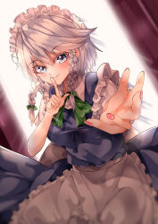 Rule 34 | 1girl, absurdres, apron, back bow, backlighting, blue skirt, blue vest, blurry, bow, bowtie, braid, breasts, closed mouth, collared shirt, commentary request, depth of field, finger to mouth, frilled apron, frills, green bow, green bowtie, hair between eyes, highres, izayoi sakuya, looking at viewer, mahoro (minase mahoro), maid headdress, medium breasts, medium hair, nail polish, pink nails, shirt, silver hair, skirt, skirt set, smile, solo, touhou, twin braids, vest, waist apron, white apron, white bow, white shirt