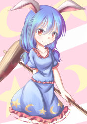 Rule 34 | 1girl, absurdres, ambiguous red liquid, animal ears, arm behind back, blue hair, rabbit ears, collarbone, crescent, dior-zi, highres, kine, looking at viewer, mallet, red eyes, seiran (touhou), short hair, short sleeves, skirt, skirt set, smile, solo, stain, star (symbol), star print, touhou, twintails