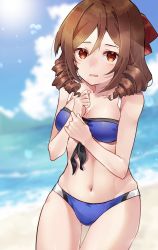 Rule 34 | 1girl, beach, bikini, blue bikini, blue sky, blush, bow, breasts, brown hair, cloud, cloudy sky, cosplay, cowboy shot, day, drill hair, embarrassed, hair between eyes, hair bow, harukaze (kancolle), johnston (kancolle), johnston (kancolle) (cosplay), kantai collection, navel, ocean, outdoors, red bow, red eyes, sand, sky, small breasts, solo, sunlight, swimsuit, twin drills, u yuz xx, water, wavy mouth
