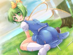 Rule 34 | 1girl, cirno, daiyousei, green eyes, green hair, highres, ice, lzh, matching hair/eyes, short hair, side ponytail, sitting, solo, tears, torn clothes, touhou, wallpaper, wariza, when you see it, wings