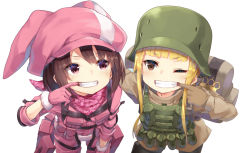 Rule 34 | 2girls, :d, ;d, amagasa yun, animal ears, animal hat, bag, bent over, blonde hair, blunt bangs, blush, brown eyes, brown hair, cabbie hat, commentary request, eye contact, eyes visible through hair, facing viewer, female focus, finger in another&#039;s mouth, fukaziroh (sao), gloves, hand on another&#039;s shoulder, happy, hat, llenn (sao), looking at another, military, military hat, military uniform, mouth pull, multiple girls, one eye closed, open mouth, pink eyes, pink gloves, rabbit ears, rabbit hat, sidelocks, simple background, smile, sword art online, sword art online alternative: gun gale online, teeth, tsurime, uniform, v-shaped eyebrows, white background