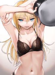 Rule 34 | 1girl, armpits, arms up, bismarck (kancolle), black bra, black panties, blonde hair, blue eyes, bra, breasts, cleavage, collarbone, eyelashes, fingernails, hat, highres, holding, holding clothes, holding hat, kabayaki namazu, kantai collection, lace, lace-trimmed bra, lace trim, long hair, medium breasts, navel, open mouth, panties, simple background, solo, underwear, unworn hat, unworn headwear