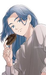 Rule 34 | 1boy, blue hair, doughnut, food, grey shirt, highres, holding, holding food, kai moto211, long hair, long sleeves, looking at viewer, shadow, shirt, simple background, smile, solo, luo xiaohei zhanji, twitter username, white background, wuxian (the legend of luoxiaohei)