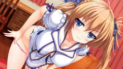 Rule 34 | 1girl, blue eyes, blush, breasts, brown hair, chair, cleavage, couch, curtains, covered erect nipples, female focus, game cg, hair ribbon, kurono mitsuki, large breasts, leaning forward, long hair, panties, pink panties, ren&#039;ai revenge, ribbon, school uniform, skirt, solo, suzushiro rin, table, twintails, underwear, undressing