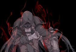 Rule 34 | 1other, ambiguous gender, arizuka (catacombe), ascot, black background, blood, bloodborne, bloody weapon, cape, closed mouth, coat, gloves, highres, holding, holding weapon, hood, hood up, hooded cape, long sleeves, open clothes, open coat, solo, torn cape, torn clothes, upper body, vest, weapon