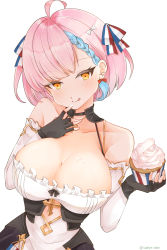 Rule 34 | 1girl, ahoge, arm up, artist name, azur lane, bare shoulders, black gloves, blue hair, braid, braided bangs, breasts, cake, cleavage, commentary request, cross, dress, fingerless gloves, food, french flag, french flag ribbon, frills, gloves, hair ornament, highres, holding, holding cake, holding food, large breasts, looking at viewer, multicolored hair, pink hair, saekiya sabou, simple background, solo, tartu (azur lane), tongue, tongue out, twitter username, white background, yellow eyes