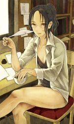 Rule 34 | 1girl, amripo, black hair, book, bookshelf, brown eyes, copyright request, cup, flat chest, glasses, looking at viewer, open clothes, open shirt, ponytail, quill, shirt, short hair, sitting, solo, thighs