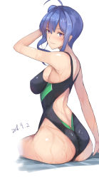 Rule 34 | 1girl, ahoge, ass, azur lane, black one-piece swimsuit, blue hair, breasts, competition swimsuit, cowboy shot, dated, from behind, hair bun, highres, large breasts, long hair, looking at viewer, one-piece swimsuit, purple eyes, sideboob, simple background, single hair bun, sitting, solo, st. louis (azur lane), swimsuit, wet, white background, yusha m