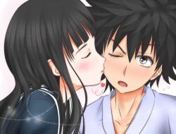 Rule 34 | 1boy, 1girl, a certain high school uniform, black hair, blush, closed eyes, commentary request, from side, hair between eyes, heart, hetero, hime cut, himegami aisa, kamijou touma, kiss, kissing cheek, long hair, lower teeth only, one eye closed, open mouth, profile, school uniform, shin (highest1192), short hair, simple background, spiked hair, surprise kiss, surprised, teeth, toaru majutsu no index, toaru majutsu no index: old testament, white background