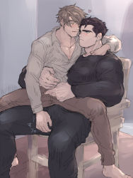 Rule 34 | 2boys, barefoot, blush, brown hair, bulge, chair, crotch, groping, multiple boys, muscular, sitting, sitting on person, size difference, smile, yaoi