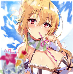 Rule 34 | 1girl, blonde hair, blue sky, blurry, blurry foreground, blush, breasts, cleavage, cloud, cloudy sky, commentary request, crazy straw, day, drinking straw, drinking straw in mouth, fingerless gloves, flower, flower knight girl, gloves, hair between eyes, hair flower, hair ornament, highres, kuchinashi (flower knight girl), large breasts, looking at viewer, mole, mole under eye, piyoyanagi, red eyes, sky, solo, white gloves