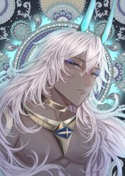 Rule 34 | 1boy, arjuna (fate), arjuna alter (fate), bare pectorals, blue horns, dark-skinned male, dark skin, expressionless, fate/grand order, fate (series), glowing horns, grey eyes, highres, horns, ichimichi 111, jewelry, long hair, looking at viewer, male focus, mosaic background, necklace, pectorals, solo, topless male, upper body, white hair