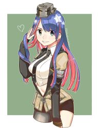 Rule 34 | 1girl, black legwear, black necktie, blue hair, breasts, cropped legs, green eyes, hand in own hair, headgear, heart, jacket, kantai collection, large breasts, long hair, long sleeves, multicolored hair, necktie, red hair, sagamiso, simple background, single leg pantyhose, solo, south dakota (kancolle), star (symbol), twitter username, two-tone background, white hair