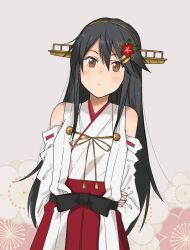 Rule 34 | 1girl, annin musou, arms behind back, black hair, commentary request, cowboy shot, detached sleeves, flower, hair flower, hair ornament, hairband, hairclip, hakama, haruna (kancolle), headgear, highres, japanese clothes, kantai collection, long hair, looking at viewer, red hakama, red skirt, ribbon-trimmed sleeves, ribbon trim, skirt, solo