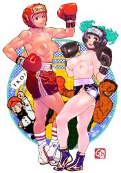 Rule 34 | 2boys, 2girls, abs, absurdres, boxing gloves, breasts, highres, mario, mike tyson, mouth guard, multiple boys, multiple girls, muscular, muscular female, nintendo, nipples, original, punch-out!!, shorts, smile, topless, vigwer