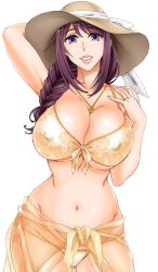 Rule 34 | 10s, 1girl, arm behind head, bikini, braid, breasts, cleavage, contrapposto, covered erect nipples, cowboy shot, front-tie bikini top, front-tie top, hair over shoulder, hanzaki jirou, hat, huge breasts, jewelry, lips, long hair, looking at viewer, mature female, nail polish, navel, necklace, parted lips, purple eyes, purple hair, ring, ryuuzouji sanae, sarong, single braid, smile, solo, standing, sun hat, swimsuit, walkure romanze, wedding ring