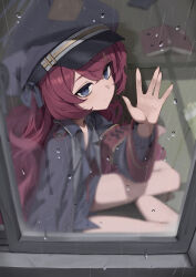 Rule 34 | 1girl, absurdres, armband, black coat, black hat, black shirt, black skirt, blue archive, book, coat, collared shirt, grey eyes, hair between eyes, hat, highres, iroha (blue archive), karadborg, long hair, looking at viewer, necktie, open clothes, open coat, parted lips, peaked cap, rain, red armband, red hair, red necktie, shirt, sitting, skirt, solo, tatami, window