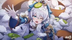 bitter_melon blue_eyes blue_veil braid chain copyright_logo copyright_name cross dumpling earrings eyeliner food gloves hair_between_eyes highres honkai_(series) honkai_impact_3rd jewelry light_blush long_hair long_sleeves low-braided_long_hair low-tied_long_hair makeup meme official_art one_eye_closed open_mouth outstretched_arm stuck teri_derp_(meme) theresa_apocalypse veil white_gloves white_hair