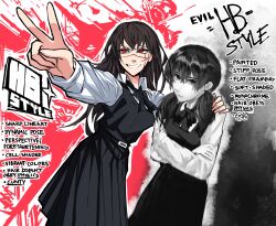 Rule 34 | 2girls, absurdres, black hair, chainsaw man, commentary, cross scar, crossed arms, dress, english commentary, english text, facial scar, fourth east high school uniform, glint, grin, heartbreak juan, highres, low twintails, mitaka asa, multiple girls, partially colored, pinafore dress, pleated dress, red eyes, ringed eyes, scar, scar on cheek, scar on face, scar on nose, school uniform, sleeveless, sleeveless dress, smile, twintails, v, yoru (chainsaw man)