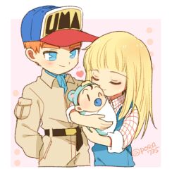 Rule 34 | 1boy, 1girl, artist name, baby, belt, blonde hair, blue eyes, blue overalls, blush, bokujou monogatari, border, brown belt, brown jumpsuit, claire (bokujou monogatari), closed eyes, closed mouth, collared shirt, commentary request, gray (bokujou monogatari), hat, heart, holding baby, jumpsuit, long hair, long sleeves, looking down, one eye closed, orange hair, outside border, overalls, pacifier, pink background, posca, red shirt, shirt, short hair, simple background, sleeves rolled up, smile, smirk, thick eyebrows, twitter username, u u, v-shaped eyebrows, white border, white shirt, wing collar